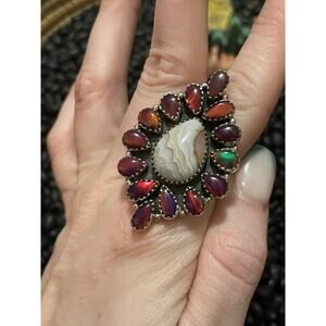 Native SW Krush Kandy Sterling Silver Rainbow Fire Opal Agate Huge Cluster Ring